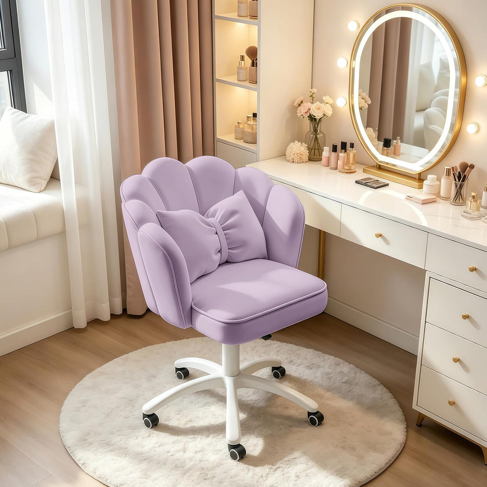 Petal Desk Chair with Bow Cushion Velvet Vanity Chair with Wheels, Upholstere...