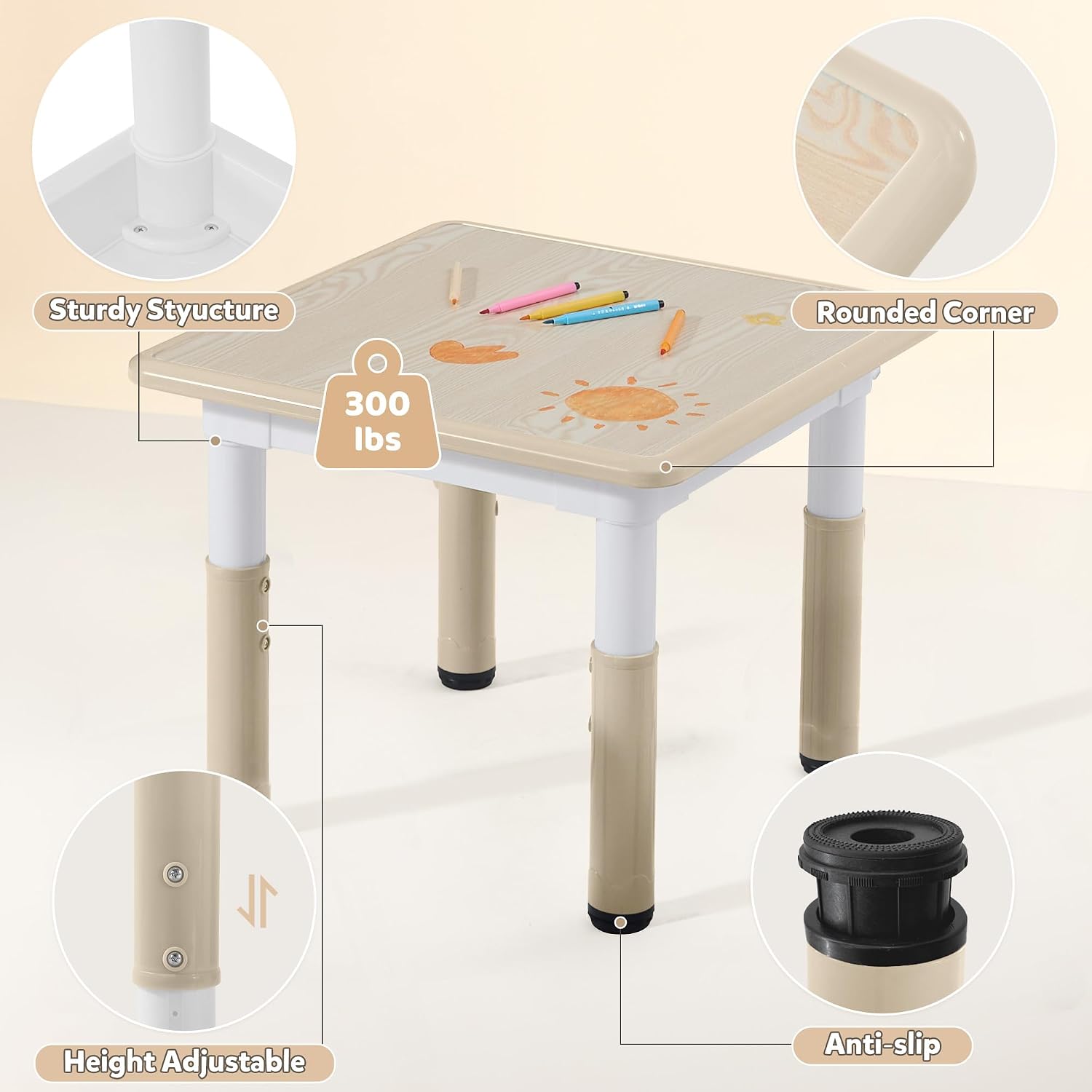 Adjustable Kids Table Chairs Set – Graffiti Desktop, Multi-Activity Height-Adjustable Toddler Study Desk for Ages 3-8 – Ideal for Home, Classroom, Daycare (W-Wood, 4 Chairs-23.6" L x 23.6" W)