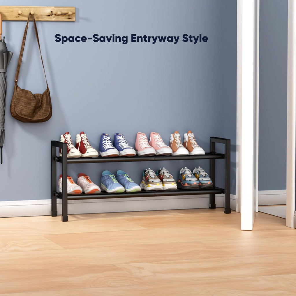Abiglifty 2-Tier Expandable Shoe Rack,17"-33" Adjustable Shoe Rack for Closet,Metal Shoes Shelves for Front Door Entrance, Garage & Corridor, Free Standing Shoe Holders, Easy to Assemble,Black