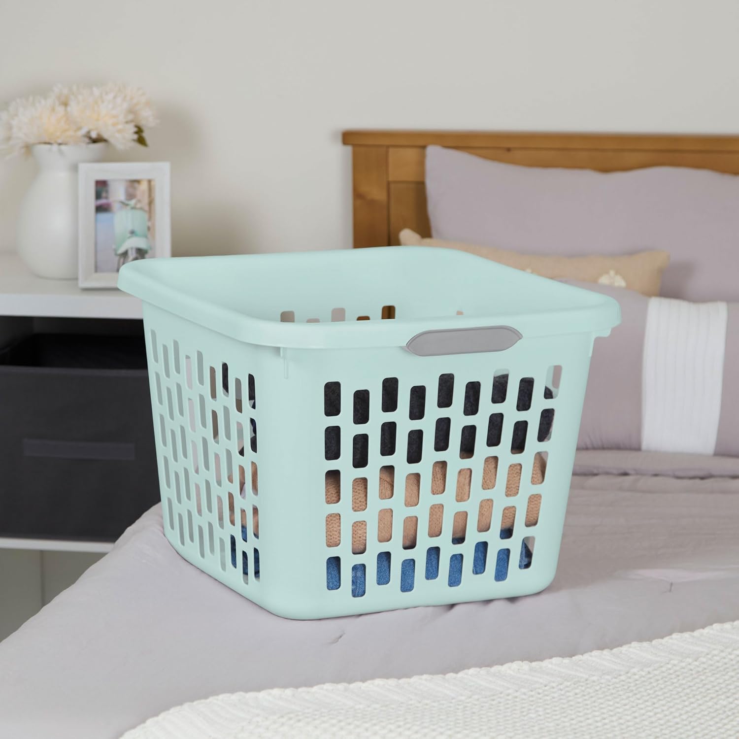 Sterilite Laundry Basket, Plastic Clothes Hamper, Large Square Bin with Comfort Grip Handles and Reinforced Rim, 1.5 Bushel Capacity, Mint, 12 Pack