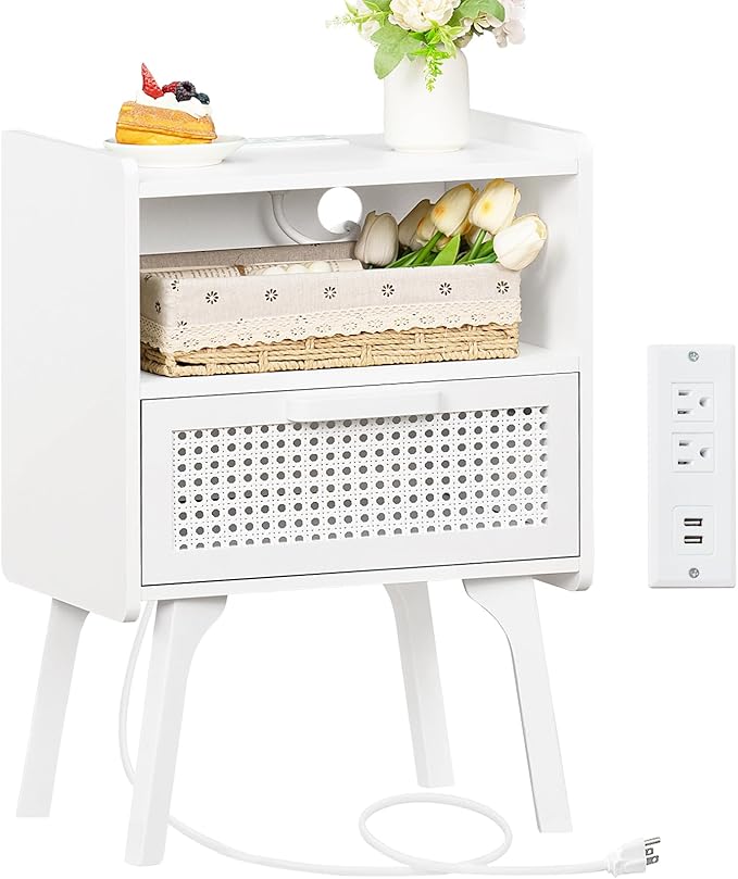 Lerliuo Rattan Nightstand with Charging Station, Side Table with Drawer Open ...