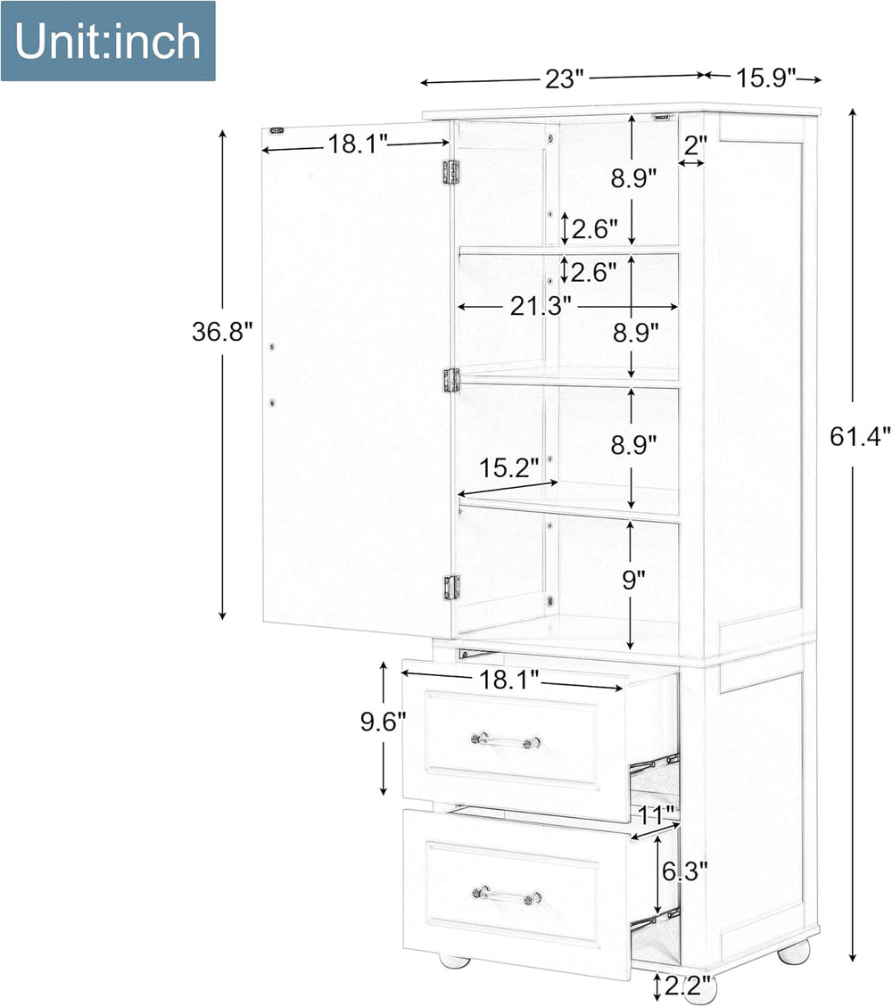 Merax 61.4" Pantry Cabinet with One Door & Two Drawers, Adjustable S...