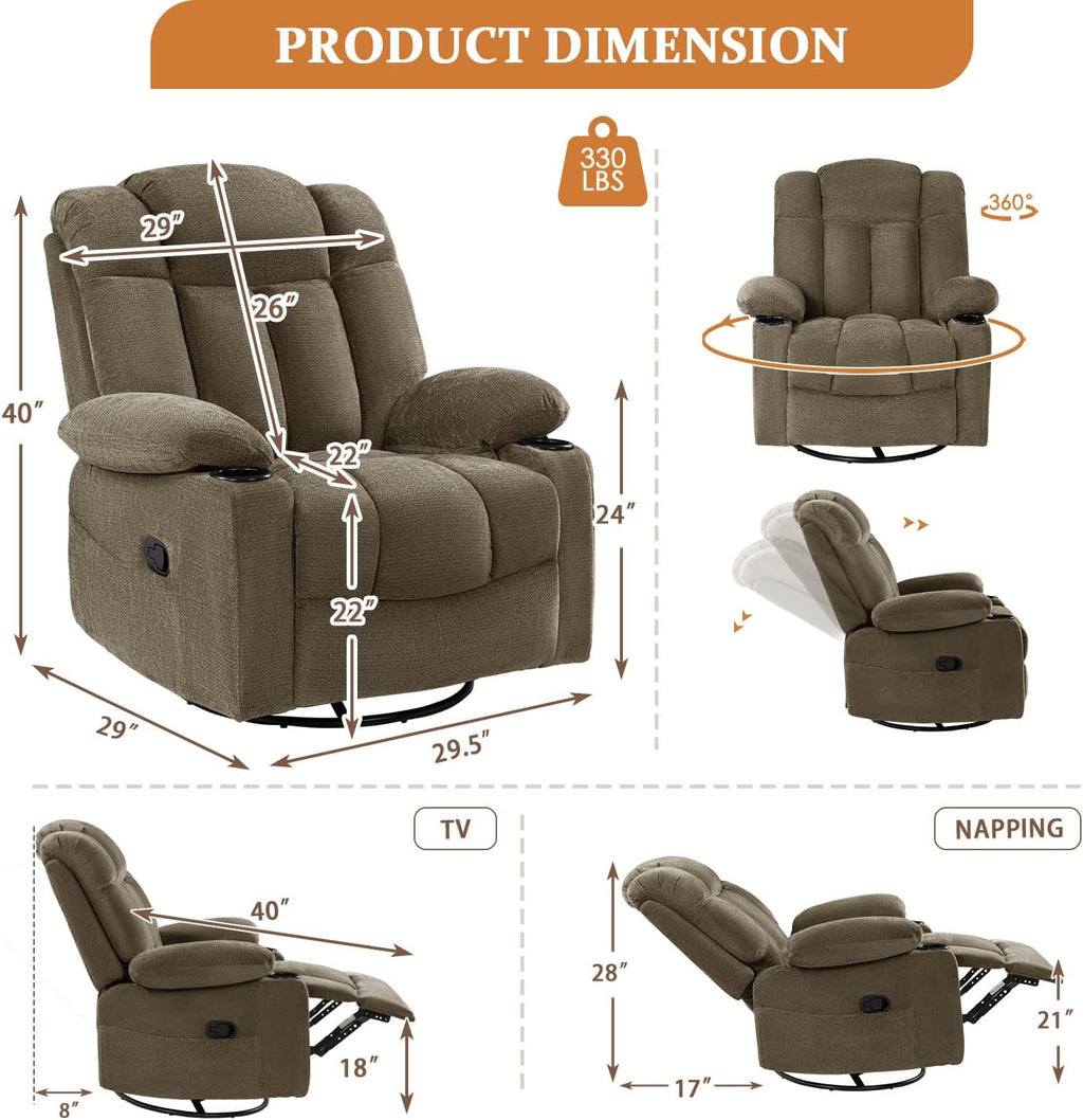 Swivel Rocker Recliner Chair for Adults – Manual Glider Sofa with Massage, Heat & Vibration, 360° Rocking for Living Room or Nursery