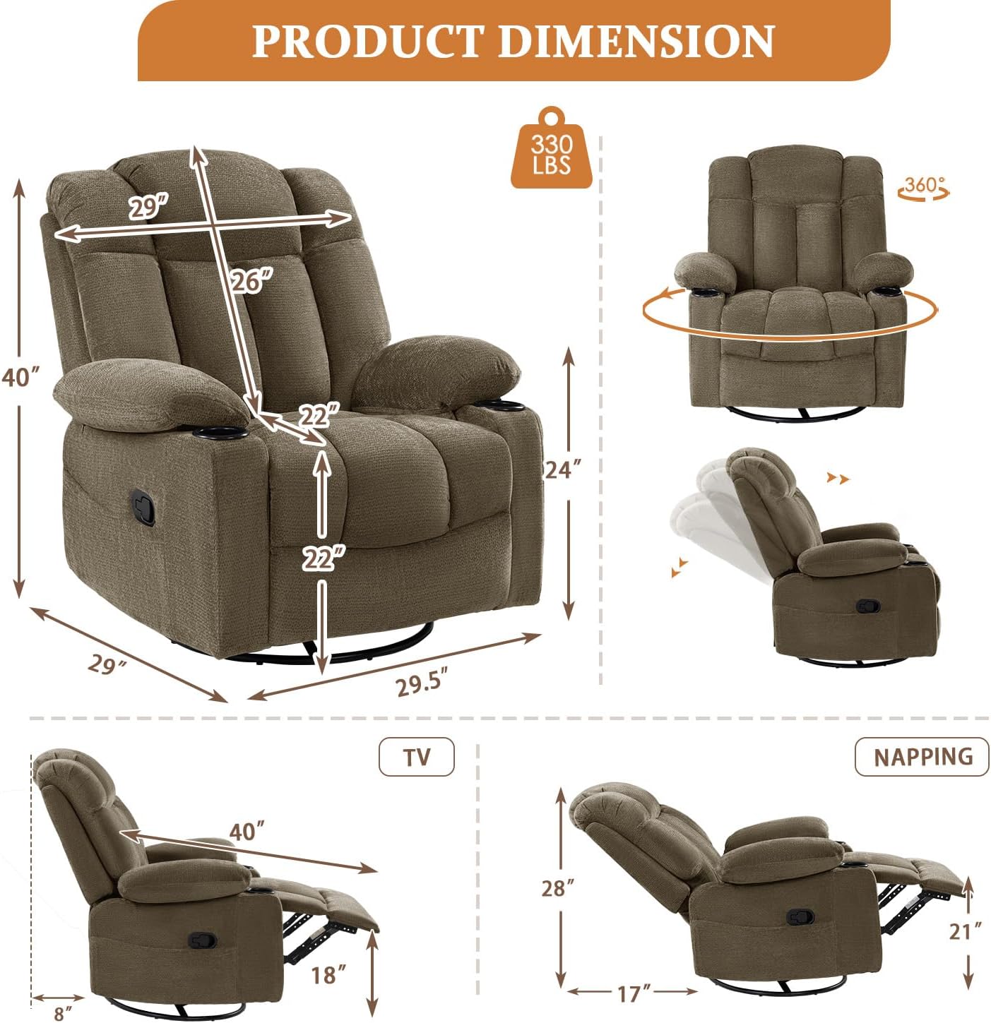 Swivel Rocker Recliner Chair for Adults – Manual Glider Sofa with Massage, Heat & Vibration, 360° Rocking for Living Room or Nursery