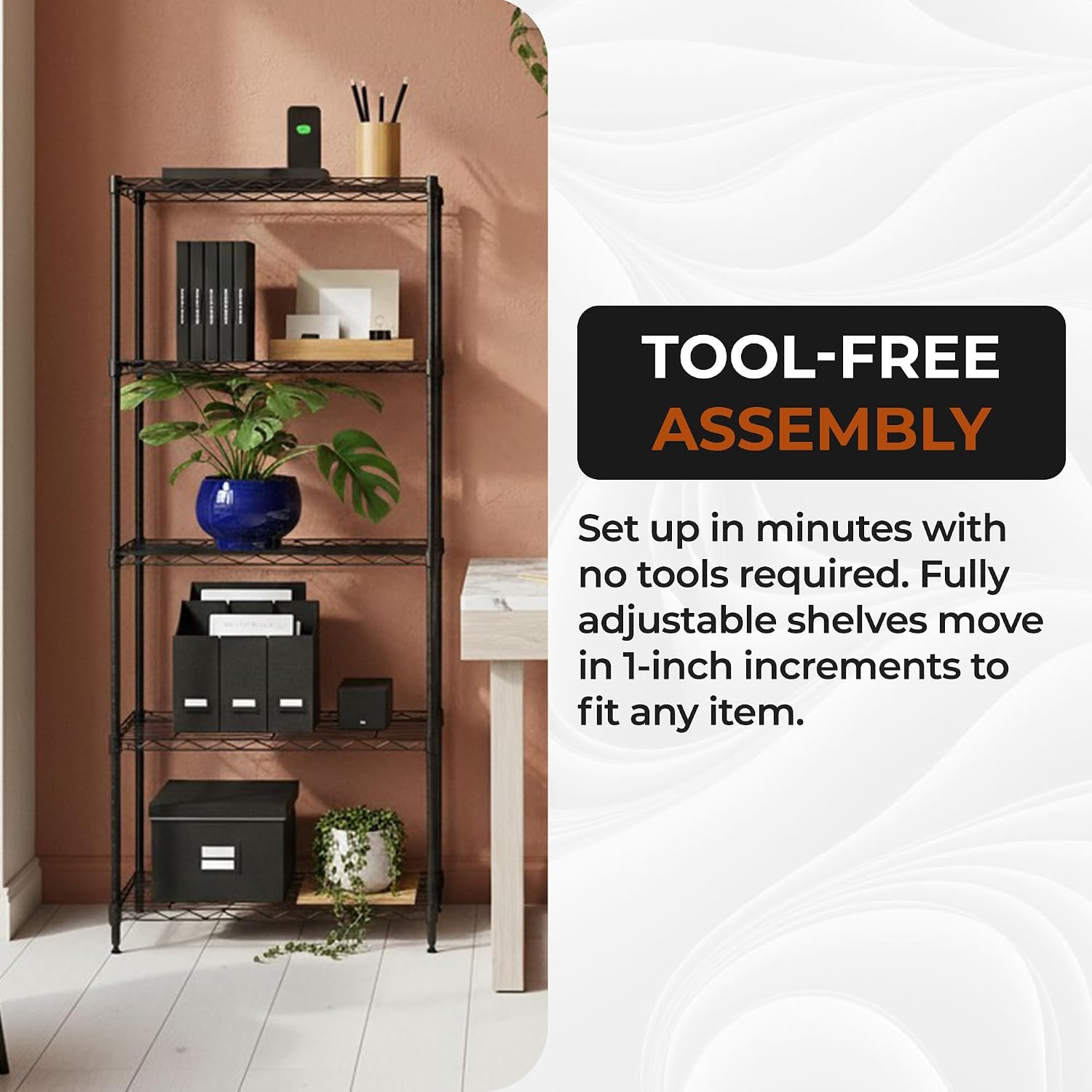 5-Tier Metal Shelf, 250 lb/Shelf, NSF, Black, 14x24x59 in | NSF certified for food-safe pantry, kitchen and commercial prep areas