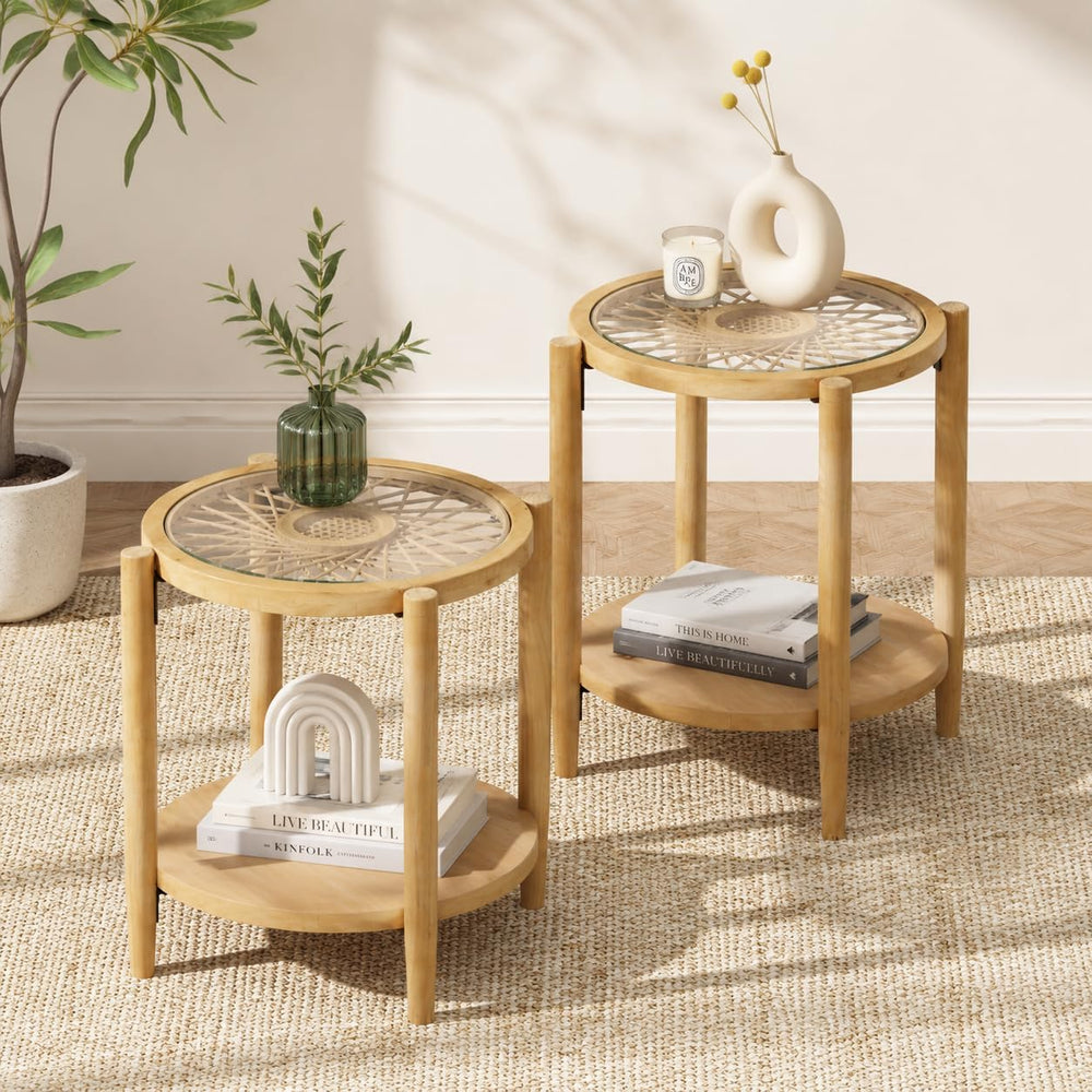 RUSTOWN Rattan Nightstands Set of 2,Boho Wood Round Side Tables, 2-Tier Natur...