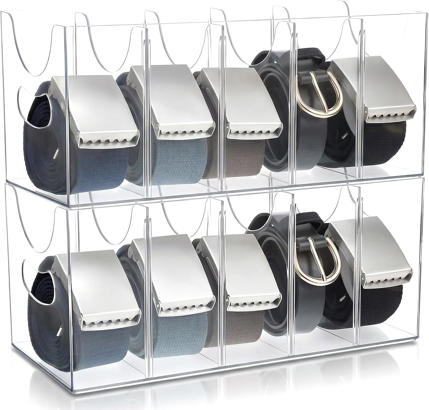 Kifmurase 2PCS Belts Organizer Acrylic Belt Storage Holder Purse Organizer for Closet with Removable Dividers, 5 Compartments Clear Belt Drawer Display and Storage Case for Ties Socks Underwear