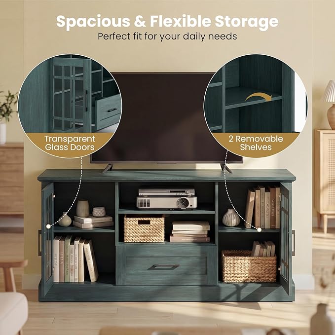 Giantex Farmhouse TV Stand for 65/70 Inch TV, Tall Entertainment Center with Storage Cabinets, Glass Doors, Drawer, Removable Shelves, Media TV Console Table for Living Room, Bedroom (Vintage Green)