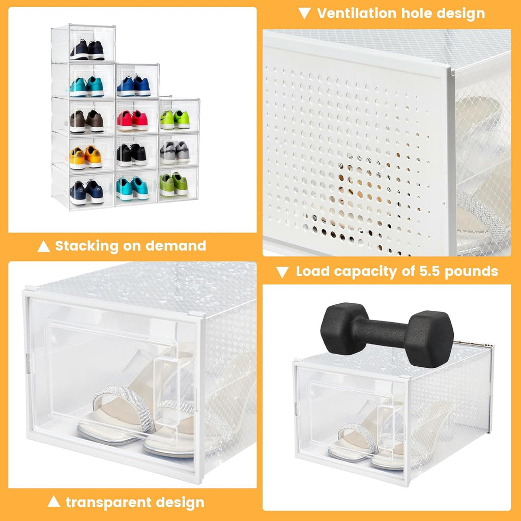 Shoe Boxes, Stack Without Toppling Modular storage boxes combine freely for use in closets, under beds, hallways, and entryways. Space-saving. (Transparent, 12 Pack)