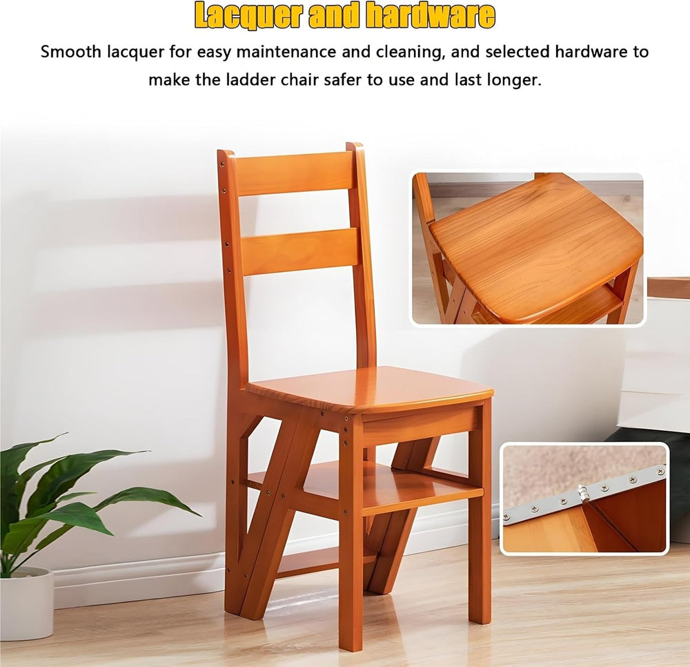 Aimery Library Ladder Chair, 2 in 1 Portable 4-Step Ladders, Wood Foldable St...
