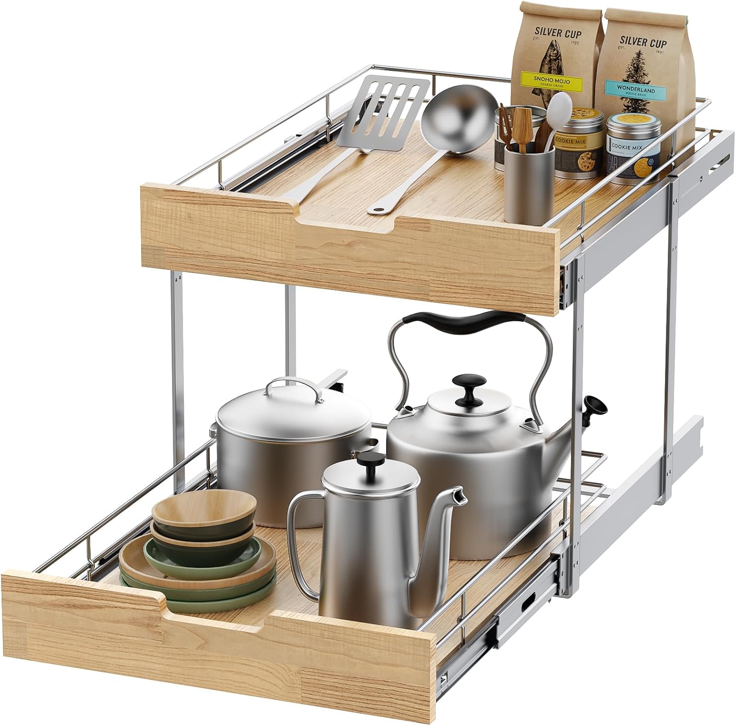 Pull Out Cabinet Organizer,Heavy-Duty Slide Out Shelf, Wood and Wire Basket, Pull Out Drawer for for Kitchen Under Sink Space, Pantry, Bathroom, 2 Tie 14 * 21 in