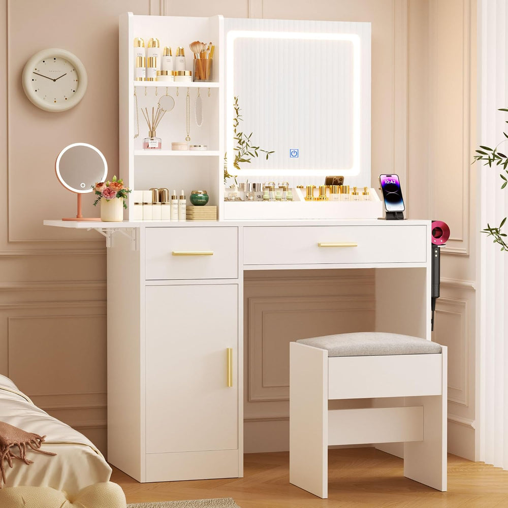 ERLEJIA Vanity Desk with Mirror and Lights & Extral Foldable Desk, 31.5&q...