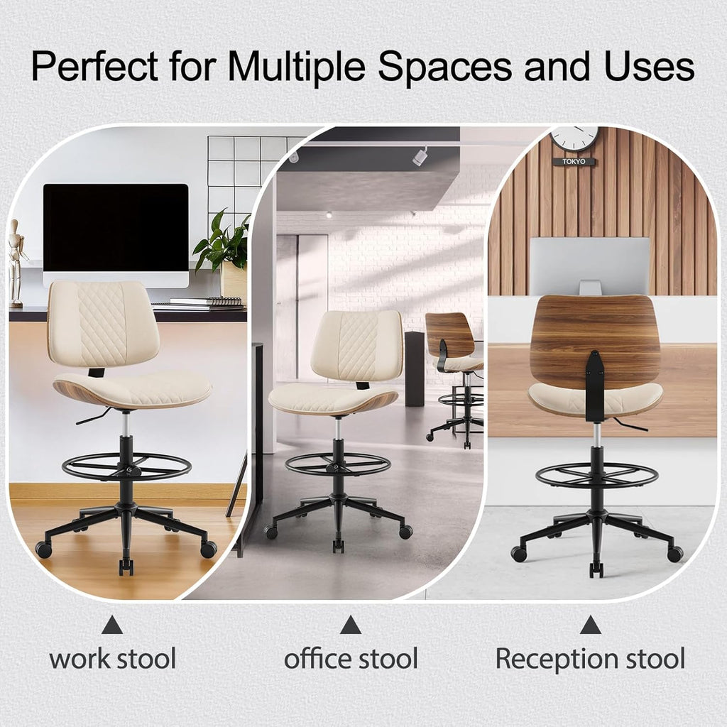 Drafting Chair with Adjustable Footrest, Armless Modern Tall Office Chair for Standing Desk, PU Leather Swivel Stool in Curved Bentwood Style, Ergonomic Rolling Walnut Chair for Office(Beige)