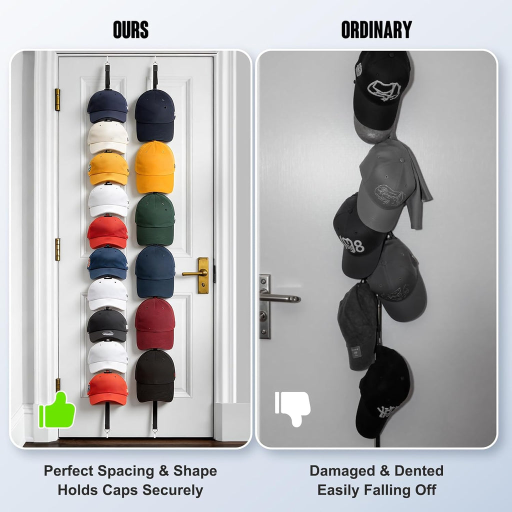 2Pack Hat Organizer for Baseball Caps, Hat Rack for Wall with Display Hooks - Organizador de Gorras for Closet Door, Bedroom and Entrance (Black)