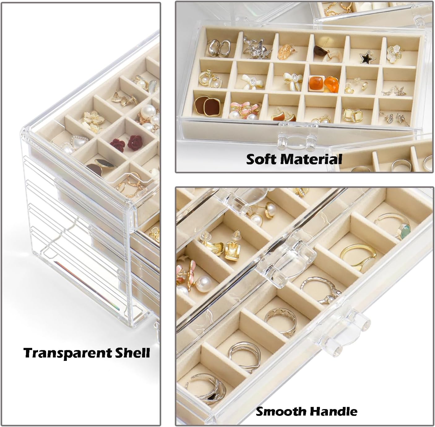 YUFONG Jewelry Organizer with 5 Drawers Clear Acrylic Earring Display Case Velvet Jewelry Storage Box Display Holder for Earring Ring Bracelet Necklace (Beige, 90 Grids)