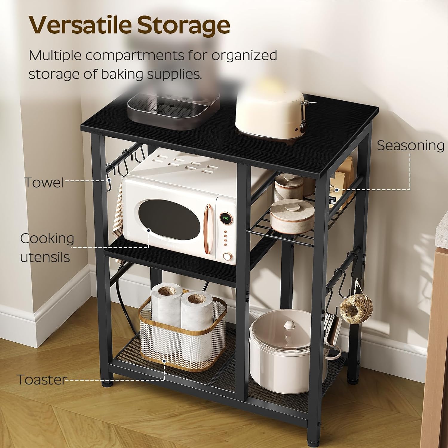 YATINEY Movable Bakers Rack, Microwave Stand with Charging Station, Kitchen Storage Rack with Hooks and Basket, Casters and Adjustable Feet, for Small Space, Kitchen, Dining Room, Black HB04UBB