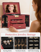 TORIBIO Jewelry Box for Women, Leather Jewelry Organizer with Mirror & Lock, 3-Tier Jewelry Storage Organizer with 2 Drawers for Girls/Women/Mothers, Necklace Earring Bracelets Holder Organizer