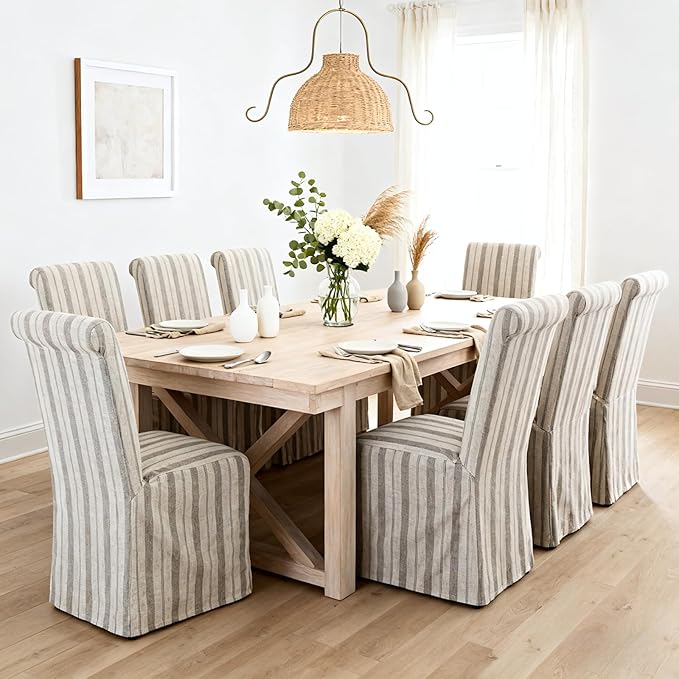 chairus Slipcovered Parsons Dining Chairs Set of 2, Upholstered Dining Room Chairs with Removable Linen Cover & High Back, Modern Farmhouse Wooden Side Kitchen Chairs, Khaki Stripe