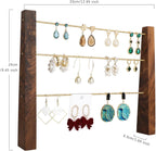 GemeShou 3 Tiers Walnut Earring display stands for selling, Wooden Jewelry Shelf, Earring Storage Organizer, Brass earring holders with 42 holes for stud Dangle Hoop【Walnut 3-Tier Height 9.45"】