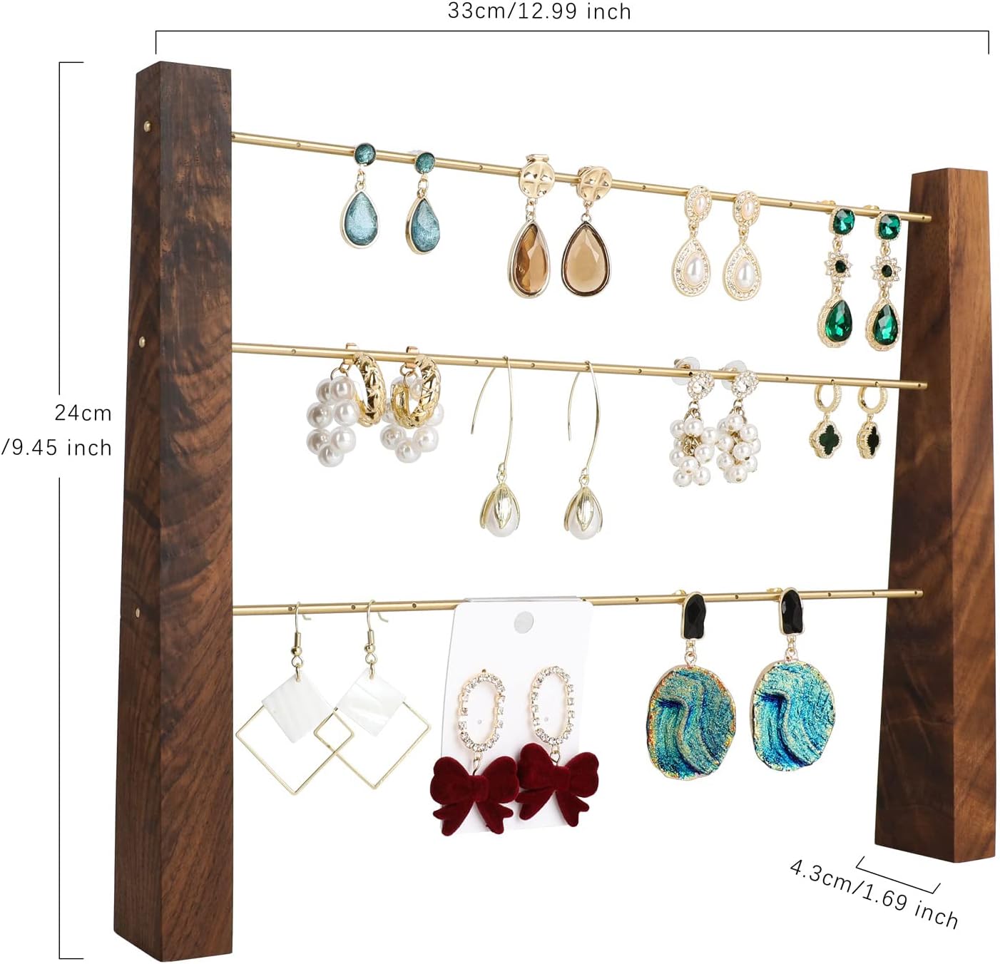 GemeShou 3 Tiers Walnut Earring display stands for selling, Wooden Jewelry Shelf, Earring Storage Organizer, Brass earring holders with 42 holes for stud Dangle Hoop【Walnut 3-Tier Height 9.45"】