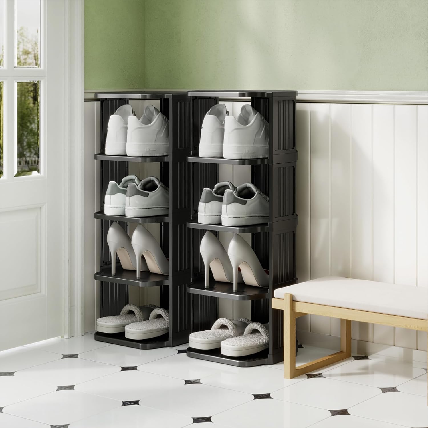 Kitstorack 10 Tiers Stackable Shoe Rack for Closet and Front Door Entrance - Free Standing Plastic Stand, Narrow Tall Vertical Organizer for Small Spaces Storage
