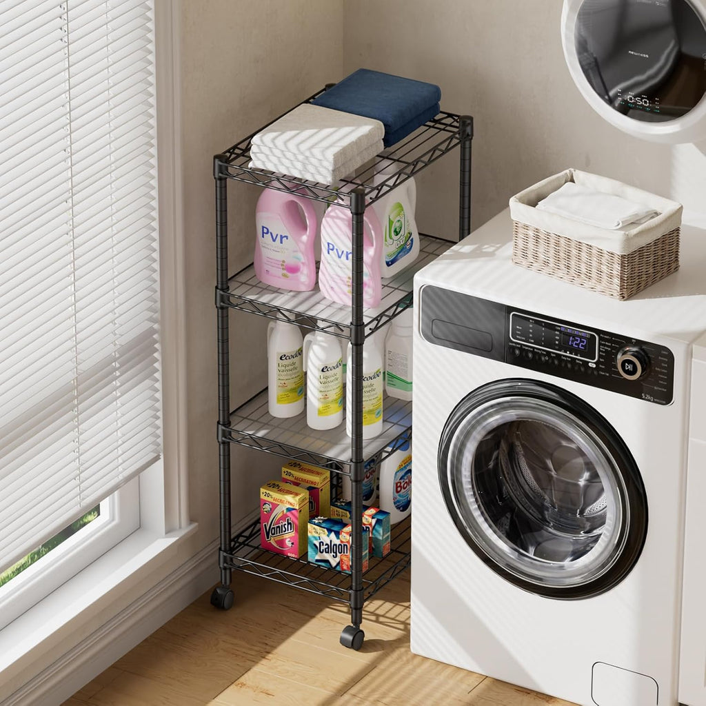 SINGAYE 4 Small Shelves Storage Shelf Wire Shelving Unit Metal Shelf Adjustable Organizers Storage Shelving with Wheels for Bathroom Laundry Room Kitchen Pantry11.5”D x 17.3”W x 44.5”H Black