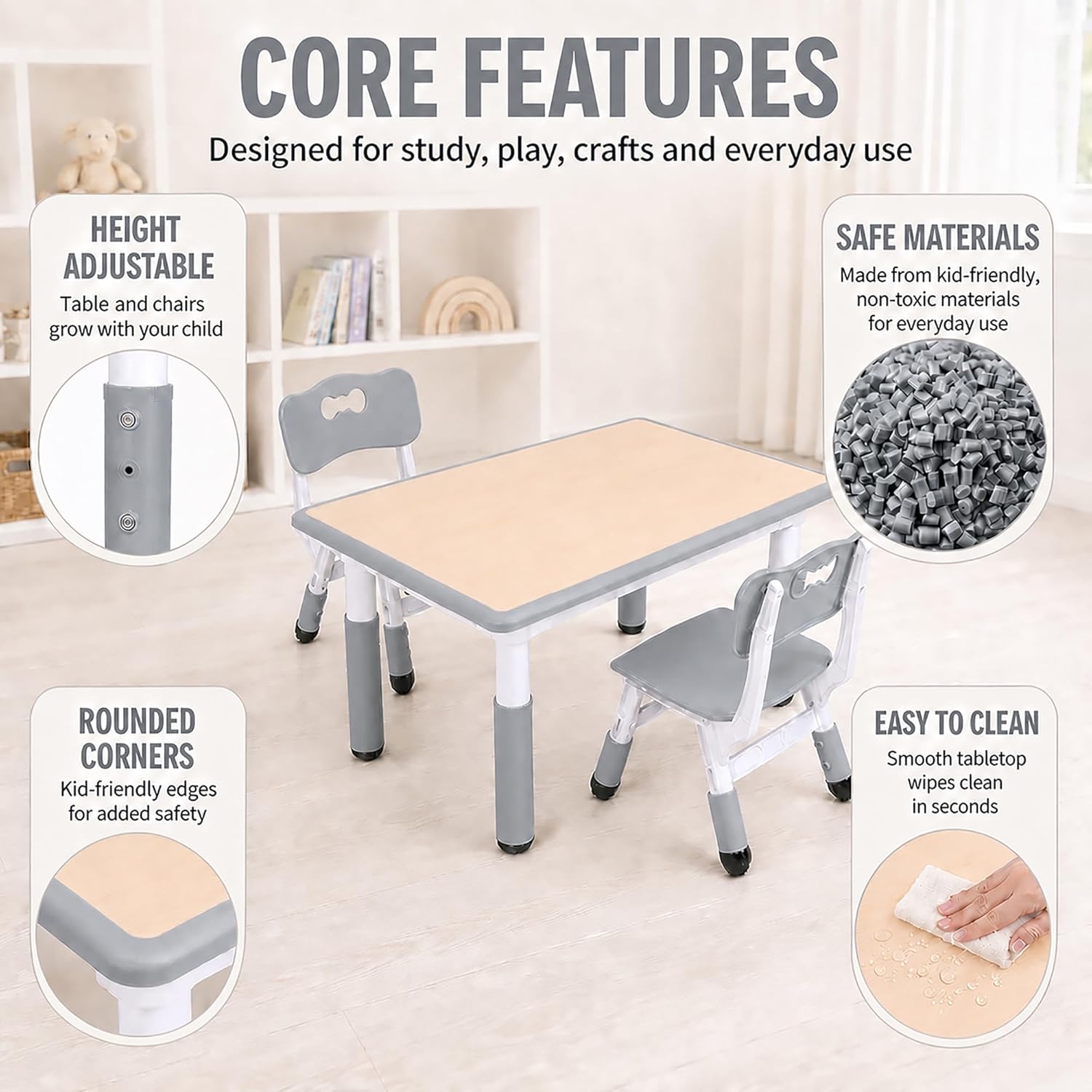 UNICOO Kids Table and Chairs Set, Height Adjustable Toddler Activity Table with 2 Chairs, Plastic Study Desk for Drawing, Crafts, Reading, Snack Time and Playroom, Ages 2-10