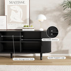 VOWNER 63" Fluted TV Stand, Modern Entertainment Center for TVs Up to 65" with Adjustable Shelves and Sliding Doors, Curved Media Console Table with Storage Cabinet for Living Room Bedroom (Black)
