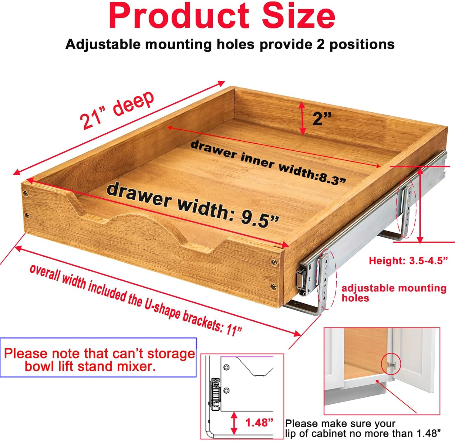 DINDON 1 Tier Pull Out Cabinet Organizer (11" W x 21" D) Single Tier Heavy Duty Sliding Wood Drawer Under Cabinet Shelf Organization Storage