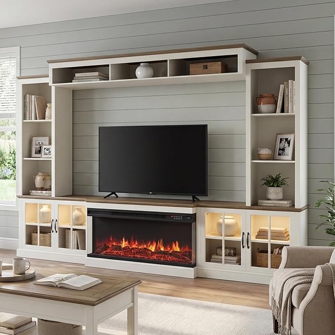 White 98” Farmhouse TV Stand with Fireplace, Entertainment Center, Wall Unit Media Console with Bookshelf, Cabinet & Power Outlets & Barn Doors, Fits TVs Up to 75” for Living Room