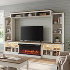 White 98” Farmhouse TV Stand with Fireplace, Entertainment Center, Wall Unit Media Console with Bookshelf, Cabinet & Power Outlets & Barn Doors, Fits TVs Up to 75” for Living Room