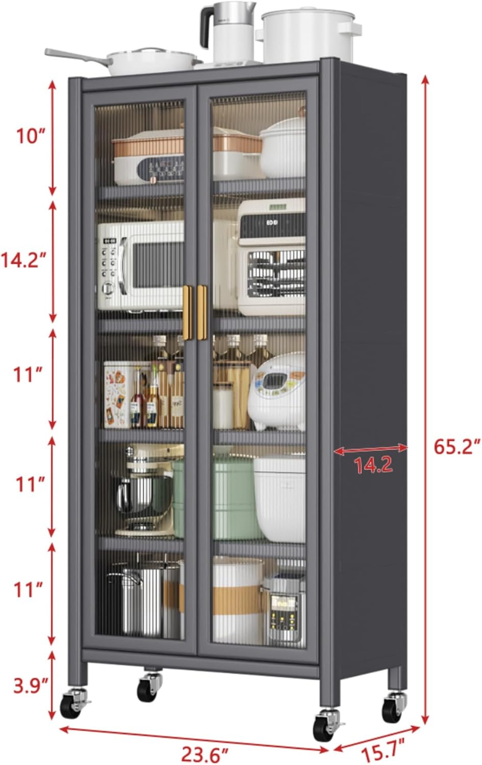 Metal Kitchen Pantry Storage Cabinet on Locking Casters, Double Ribbed Glass ...