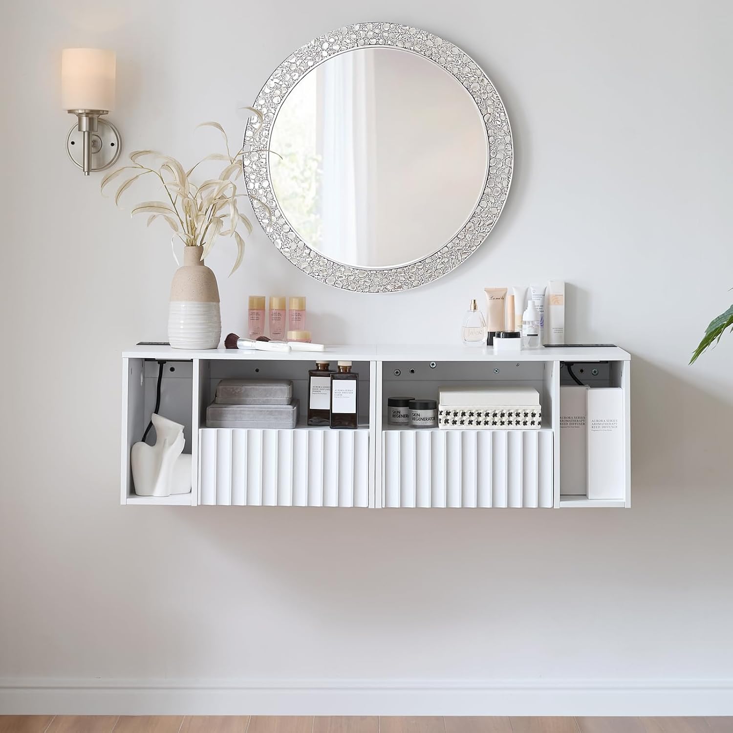 Modern Matte White Fluted Floating Nightstand with Charging Station, NightStand with Drawers, Bedside with USB Ports and Outlets, Bedroom Furniture (Set of 2)