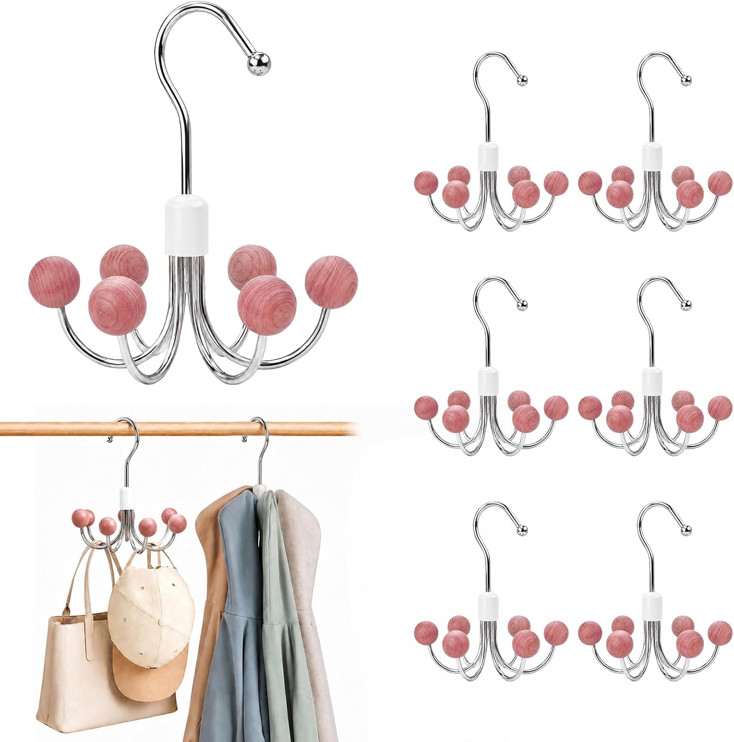 6-Pack 360° Swivel Hoodie & Purse Organizer with Cedar Balls, Multi-Purpose Closet Storage Hanger for Hoodies, Bags, Scarves, Hats, Space Saving, Anti-Slip, Ideal for Dorm, Apartment & Travel