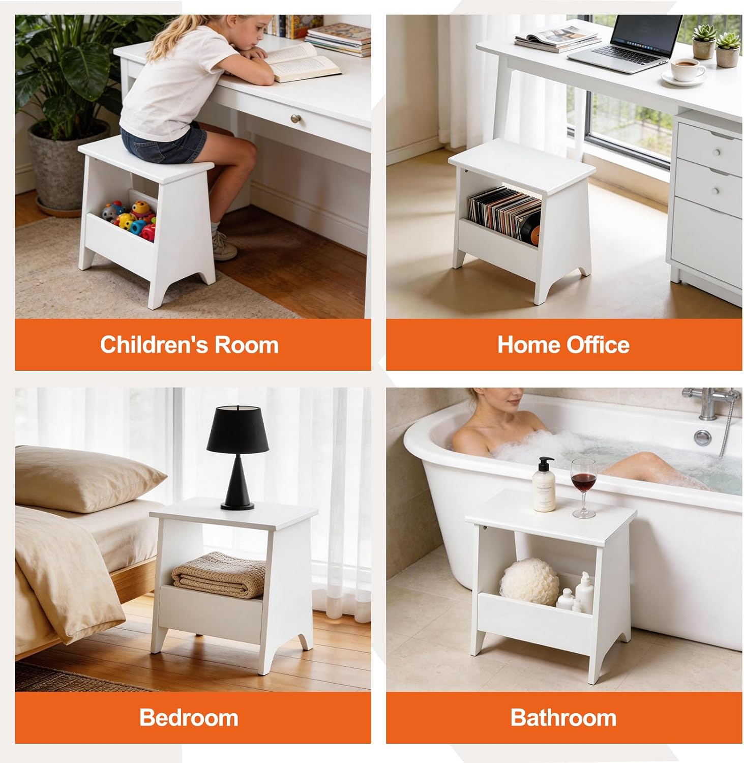 King Oasis Small Storage Stool with Flat Top, 15.7" Modern Footstool Ottoman for Living Room & Bedroom, Narrow Shoe Bench/Side Table for Entryway, Bathroom, Bedroom and Small Spaces, White