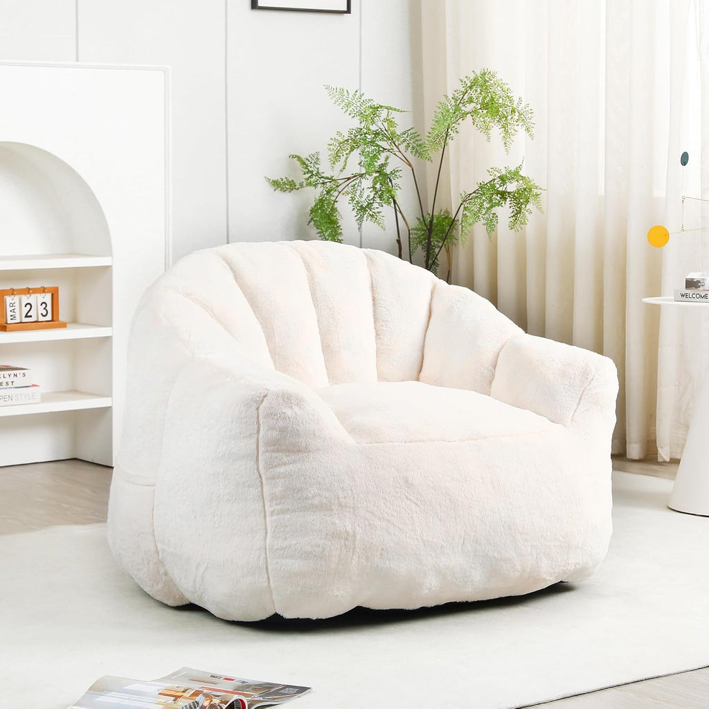 mikibama 41.4" Bean Bag Chair with Arms,Comfy Faux Fur Boneless Beanbag Chairs for Adults and Kids, Channel Tufted Lazy Floor Sofa Chair for Living Room Apartment,Bedroom Dorm(Beige)