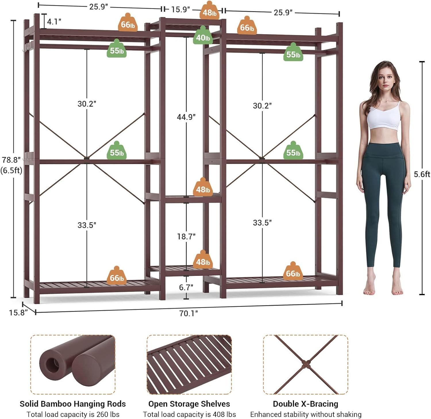 Homykic Bamboo Closet System Clothes Rack, Large Freestanding Garment Rack Clothing Rack for Hanging Clothes with 7 Storage Shelves and 5 Rods, Open Wardrobe Organizer with 4 Hooks, Espresso