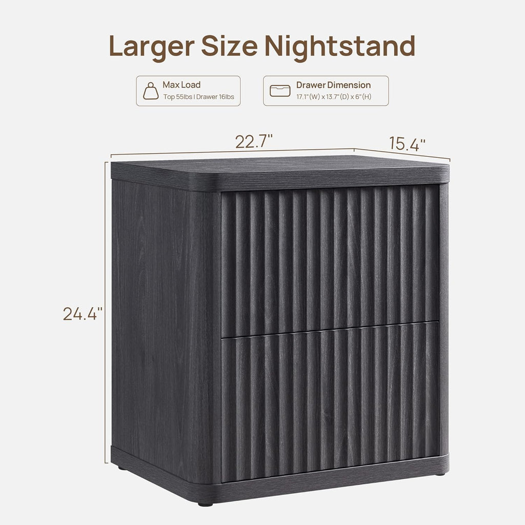 SICOTAS Night Stand Nightstand with 2 Drawers Storage Bedside Table Large Fluted Bed Side End Table Modern 24.4" Tall Wide Night Stands for Bedroom Living Room Sofa Couch Home Office, Dark Grey Alder