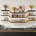 63" Wall Mounted LED Wine Rack, 3-Tier Floating Bar Shelves, Large Liquor Shelf with Wine Glass Rack, Large Bar Rack Wall Mounted for Liquor Bottles, Home Bar, Dining Room or Cafe, Black