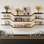 63" Wall Mounted LED Wine Rack, 3-Tier Floating Bar Shelves, Large Liquor Shelf with Wine Glass Rack, Large Bar Rack Wall Mounted for Liquor Bottles, Home Bar, Dining Room or Cafe, Black