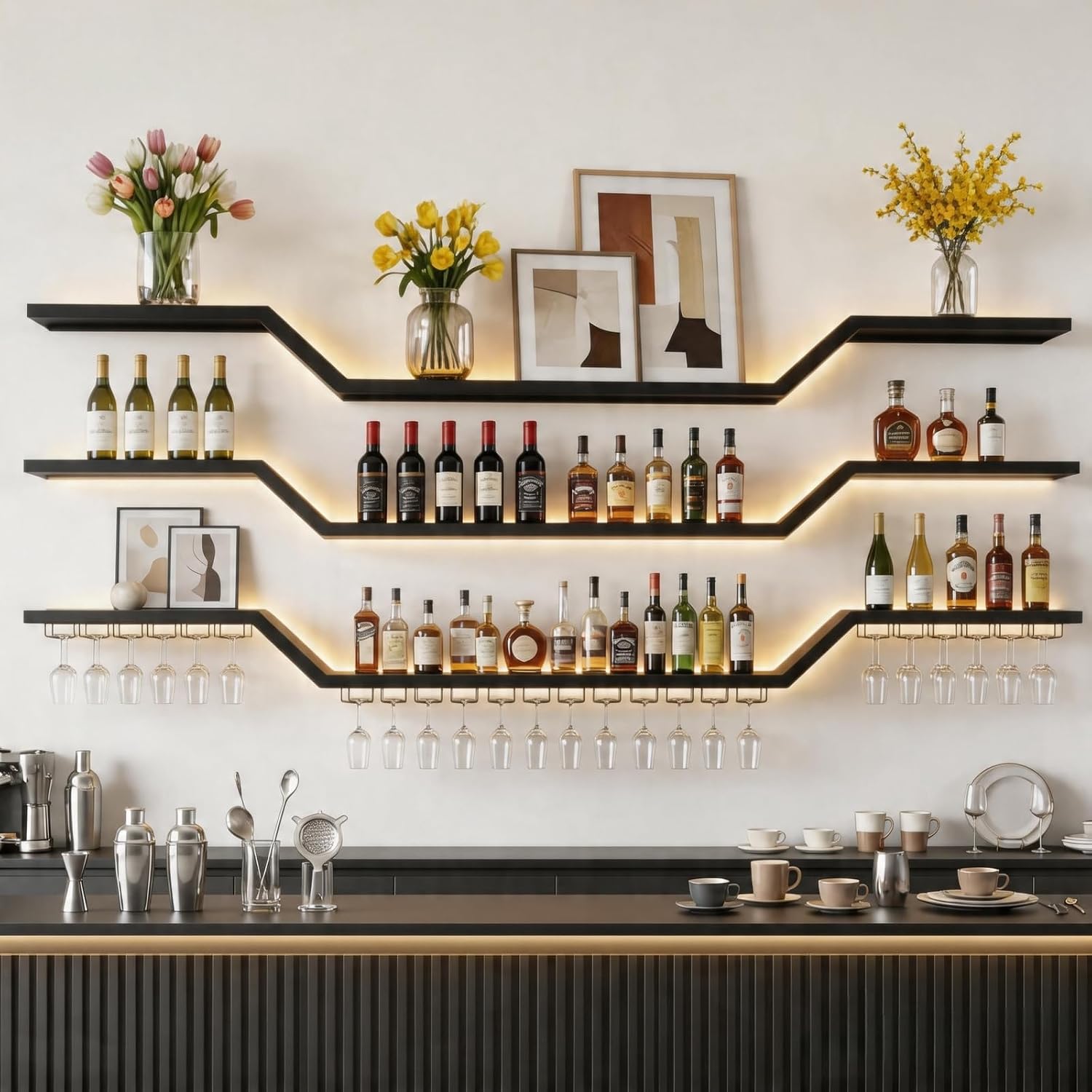 63" Wall Mounted LED Wine Rack, 3-Tier Floating Bar Shelves, Large Liquor Shelf with Wine Glass Rack, Large Bar Rack Wall Mounted for Liquor Bottles, Home Bar, Dining Room or Cafe, Black