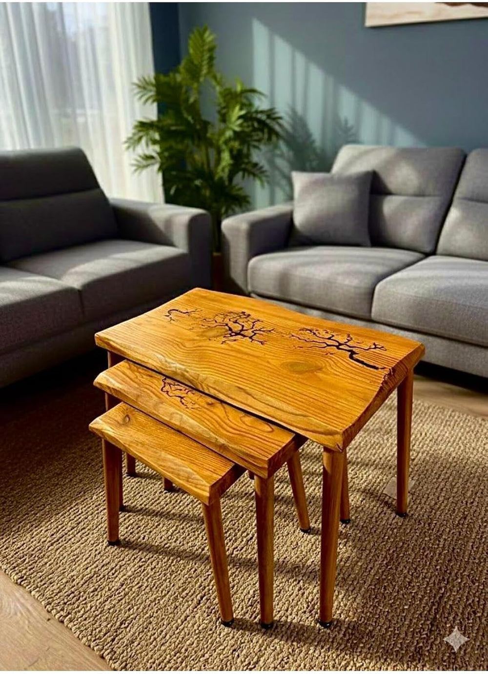 SODEF Handmade Oak Series Nesting Side Table Set - 3 Piece Retro Style Wood T...