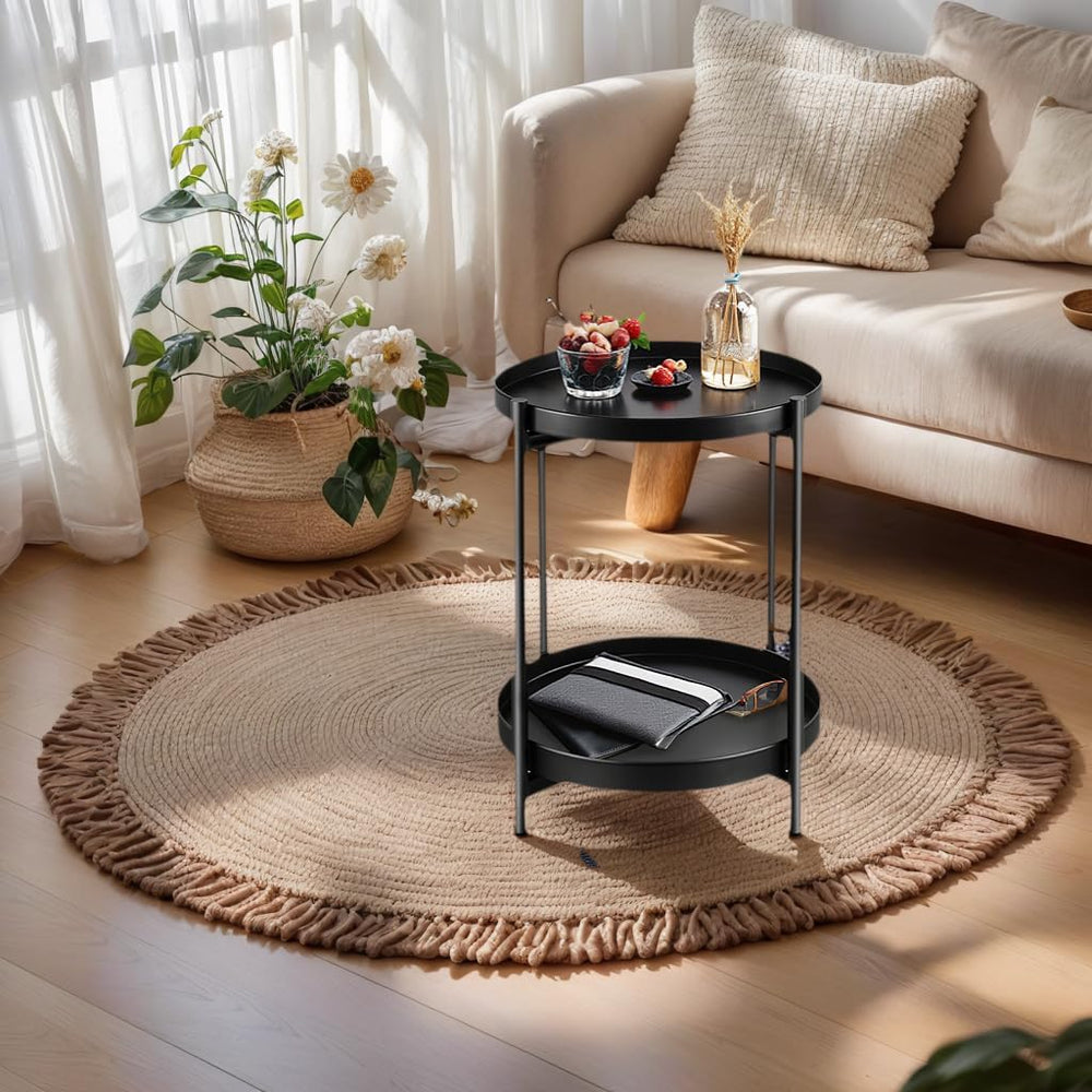 Foldable 2-Tier Round Side Table, Metal End Table with Storage for Indoor Out...