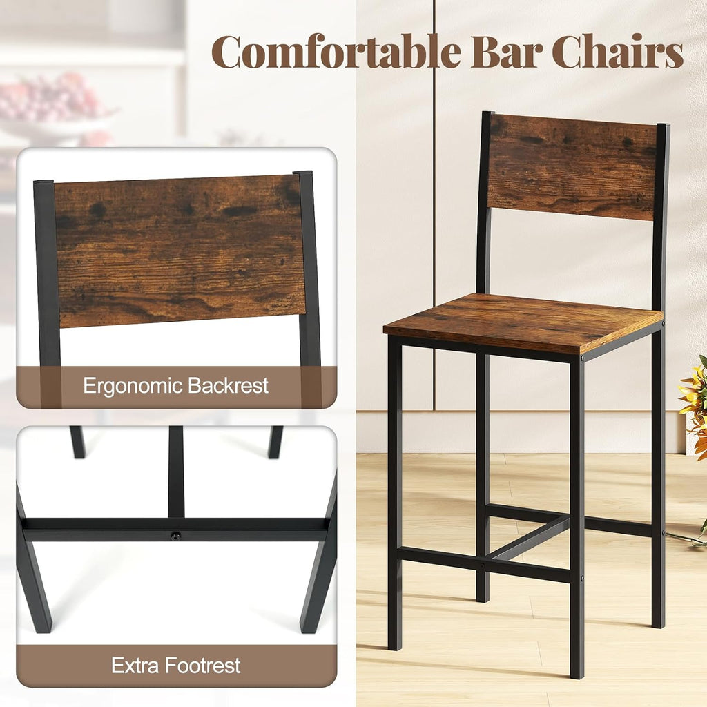 Tangkula 3 Piece Counter Height Bar Table Set, Pub Table and Chairs Set of 2, High Top Console Table with Stools for 2, Space-Saving Dinette Set for Breakfast Nook (Rustic Brown)