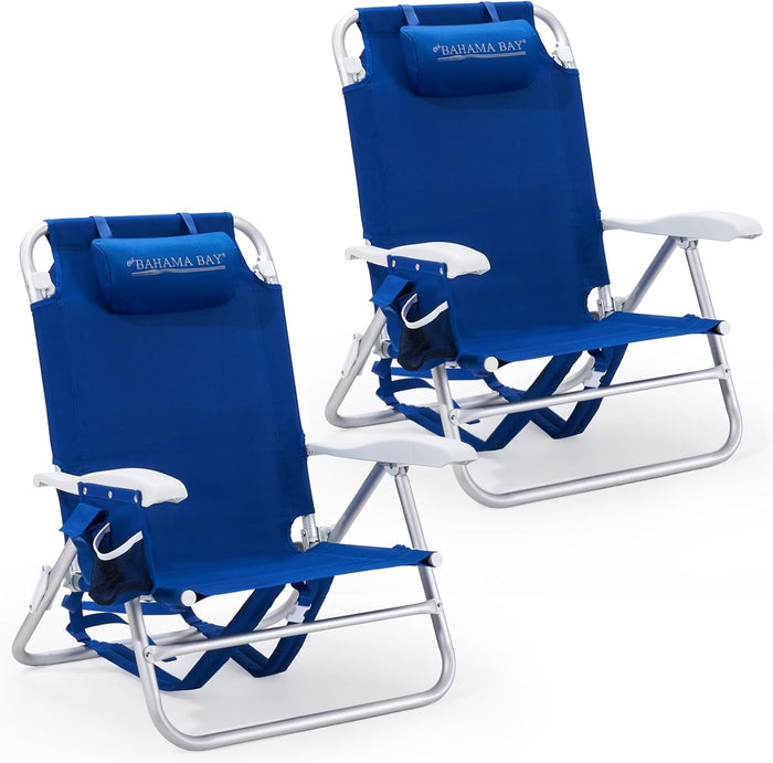 Old Bahama Bay 2 Pack 7-Position Lay-Flat Beach Chair, Lightweight Aluminum Frame Reclining Backpack Chair with Padded Headrest, Cup Holder & Storage Bag, Heavy Duty Support for Tanning & Camping Blue