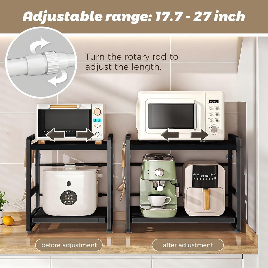 2-Tier Microwave Rack - Height Adjustable & Extendable Kitchen Shelf with Drawer - Carbon Steel - Includes Hooks & Reinforcement Suction Cups - Easy Assembly (Black)