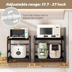 2-Tier Microwave Rack - Height Adjustable & Extendable Kitchen Shelf with Drawer - Carbon Steel - Includes Hooks & Reinforcement Suction Cups - Easy Assembly (Black)