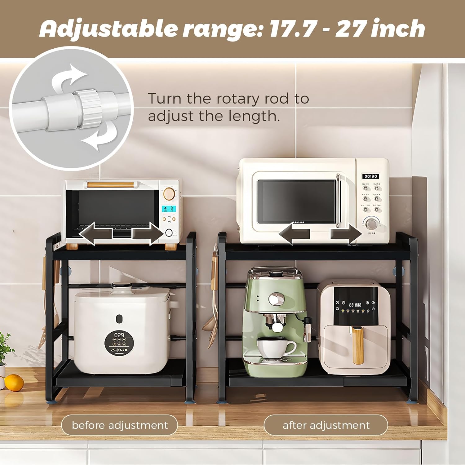 2-Tier Microwave Rack - Height Adjustable & Extendable Kitchen Shelf with Drawer - Carbon Steel - Includes Hooks & Reinforcement Suction Cups - Easy Assembly (Black)