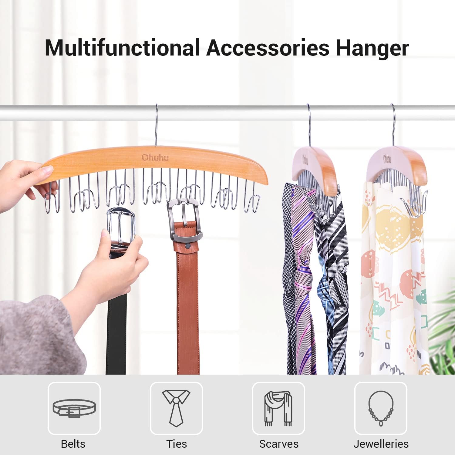 Belt Hanger Organizer for Closet: Ohuhu 12 Hooks Max 36 Belts Tie Rack Wooden Belt Holder for Storage 360 Degree Rotating Space Saver Organizer for Men Women Belt Tie Scarf Accessories-Burlywood