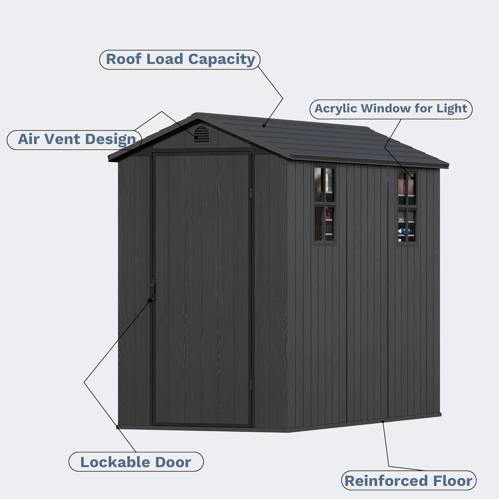 Devoko 4×8 FT Resin Outdoor Storage Shed, Garden Shed with Floor, Lockable Door and Two Windows, Waterproof Outside Plastic shed for Backyard Bike, Tools, Lawn Mower, Dark Grey